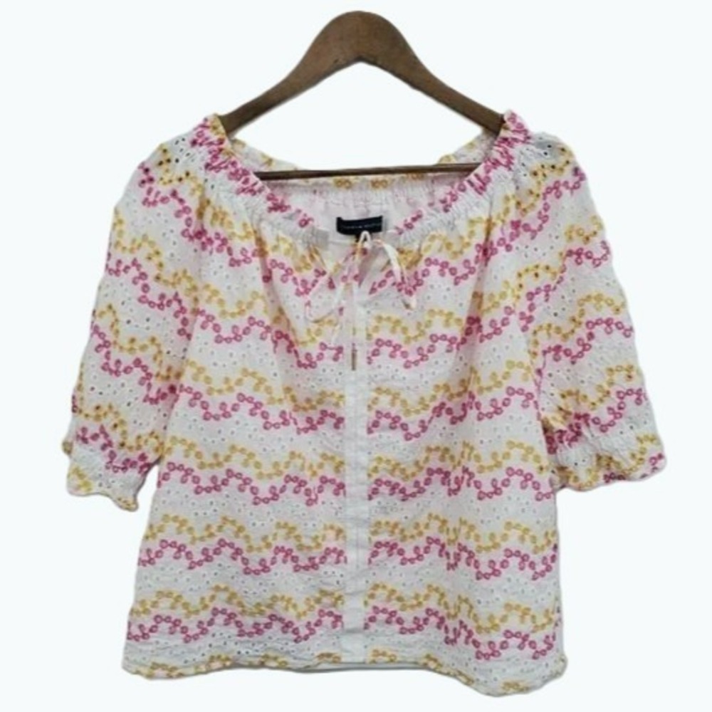 Tommy Hilfiger Womens L White Eyelet‎ Cotton Blouse Embroidered Boho Cottagecore